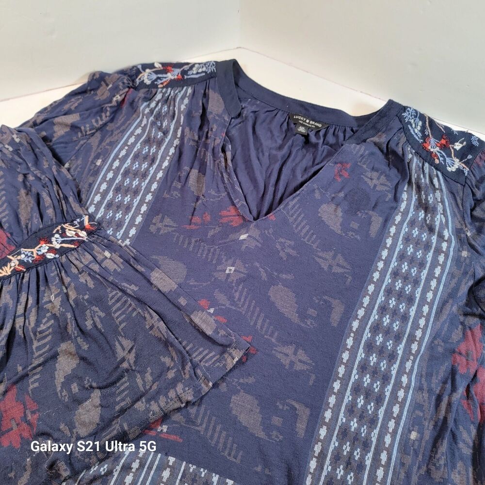 Lucky Brand Women's Blue Boho Aztec Embroidered Sleeves Cotton Small